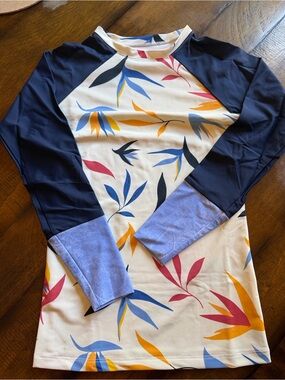 Seea Women's Long Sleeve Doheny Rash Guard Navy White Bird of Paradise - M